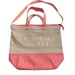 Victorias Secret Pink Shopper Canvas Double Tote Bag Insulated Lining Gift See